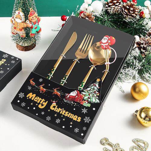 4PCS Christmas Cutlery Set, Gold Straw Gift Box