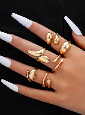 Golden Ring 6-piece Set欧美跨境夸张覆古不规则水滴金色戒指