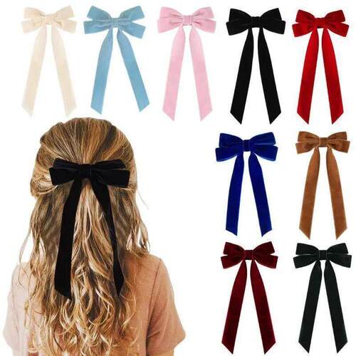 2025 Korea Elegant Long Ribbon Velvet Bow Hairp Women Girls