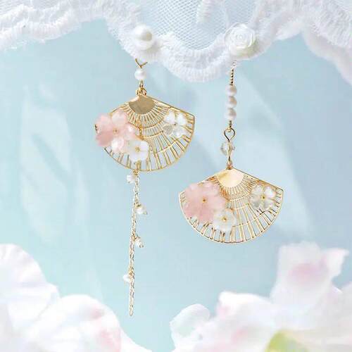 Vintage Chinese Style Flower Fan Earrings for Women Cute Asy