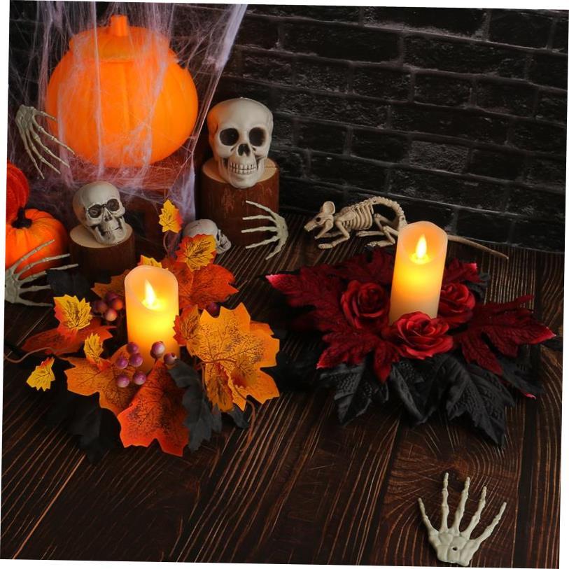 Decorate a wreath of maple leaves and roses for Halloween