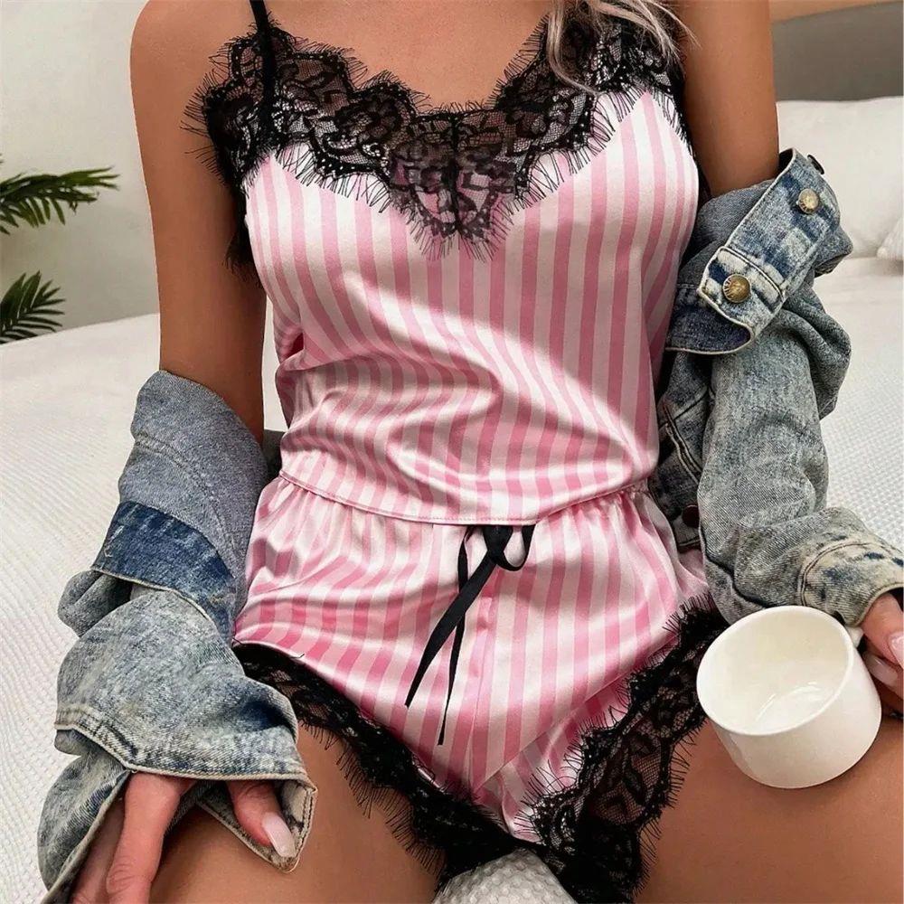 Two Piece Women's V-Neck Sexy Lace Suspender Pajama Shor
