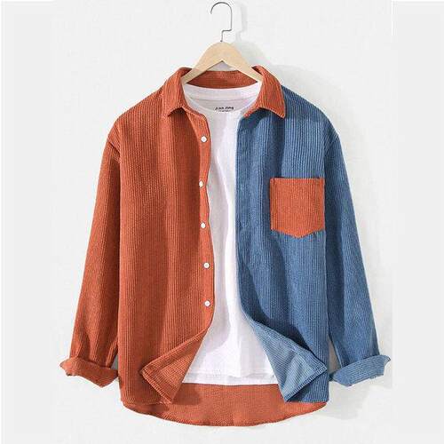 Men's Lapel Pocket Long Sleeve Shirts Corduroy Patchwork