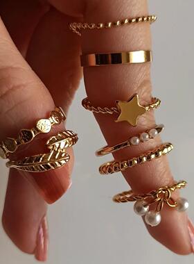 Ring set 8 pieces戒指金色星星复古树叶关节珍珠戒指套装8件套