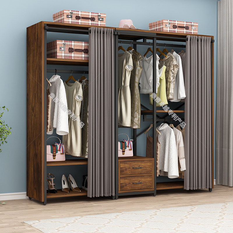 开放式金属衣柜衣帽间定制挂衣架卧室多功能置物架落地防尘带帘子