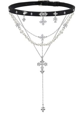 暗黑哥特复古十字架珍珠锁骨链