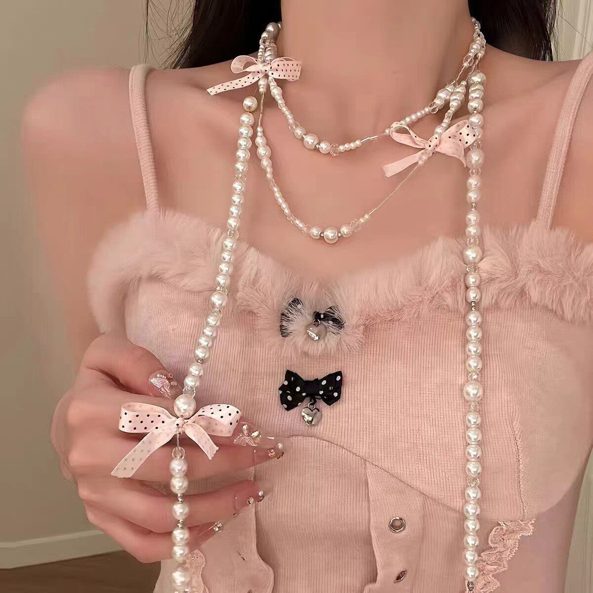法式小香风多色蝴蝶结珍珠项链长款高级感叠戴毛衣链轻奢精致配饰
