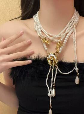 小众复古多层珍珠流苏项链女