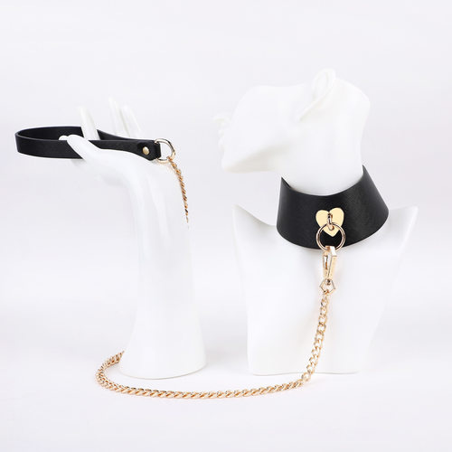 甜酷辣妹黑十字纹爱心项圈牵引链