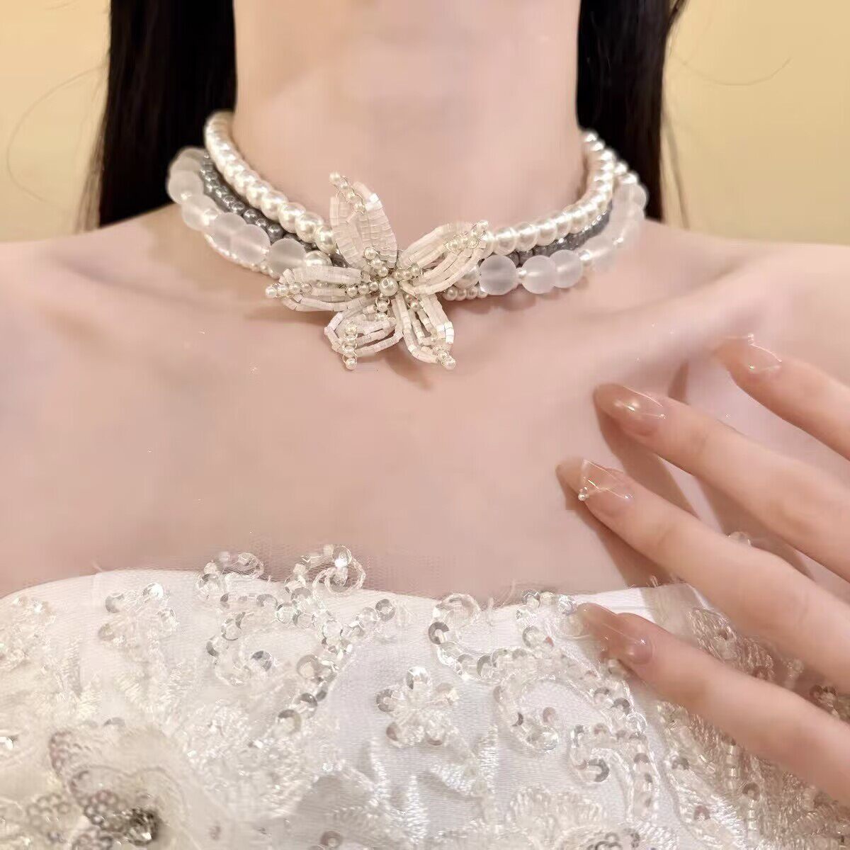 重工手作水晶花珍珠多层锁骨链