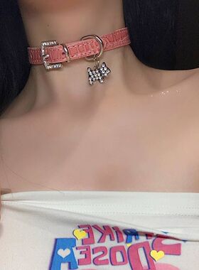 粉色蛇纹镶钻小狗吊坠Y2K项圈