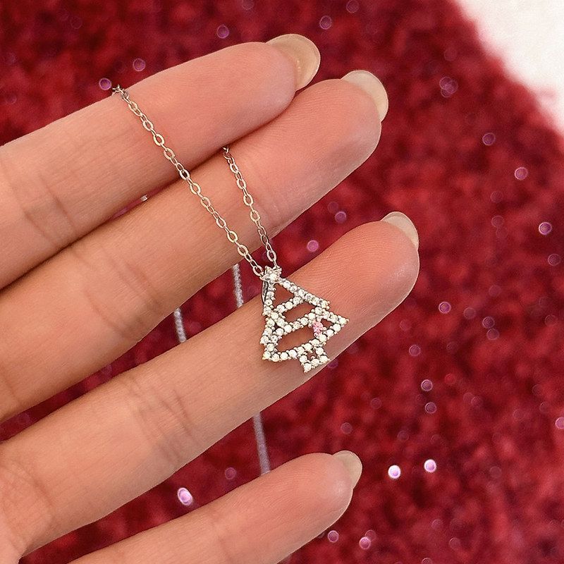 S925纯银圣诞节项链女时尚爆闪轻奢高级感法式圣诞树锆石锁骨链