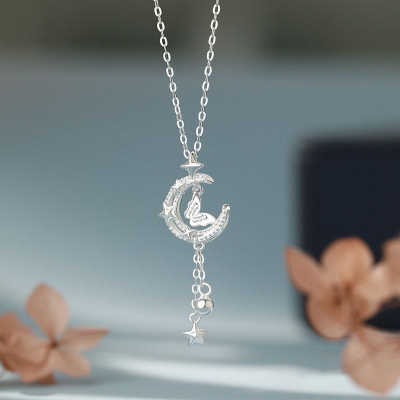足银S999星月蝴蝶流苏项链精美优雅时尚森系高级设计感锁骨链