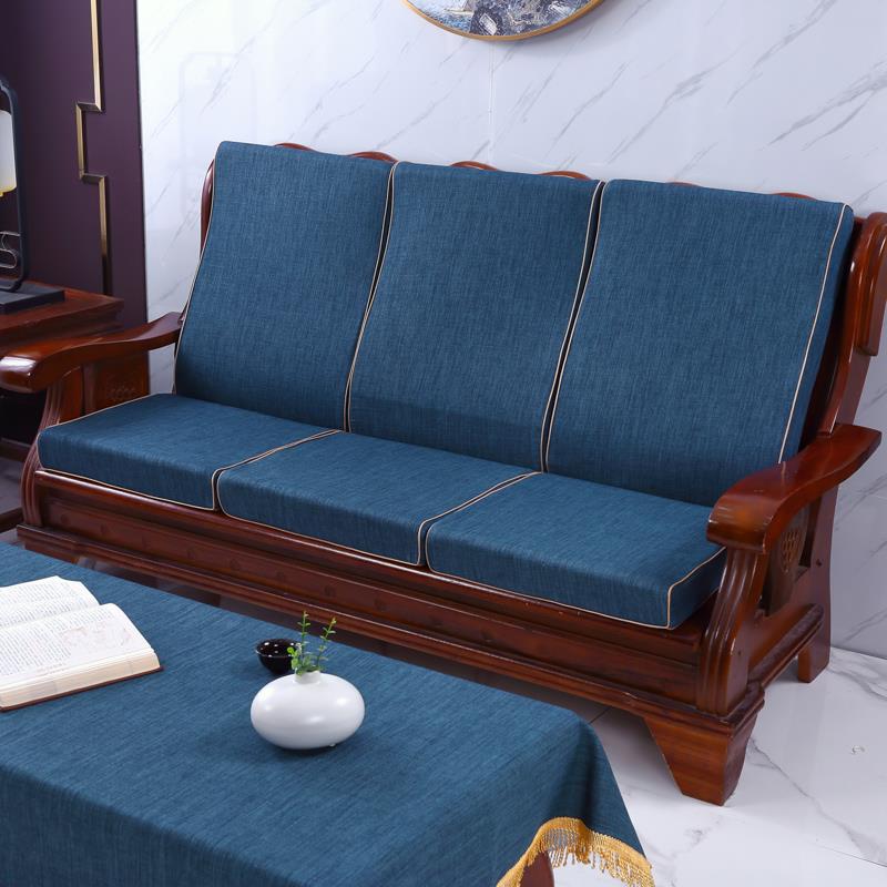 老式一二三沙发垫套实木垫子亚麻带靠背套连体椅三人加厚海绵坐垫