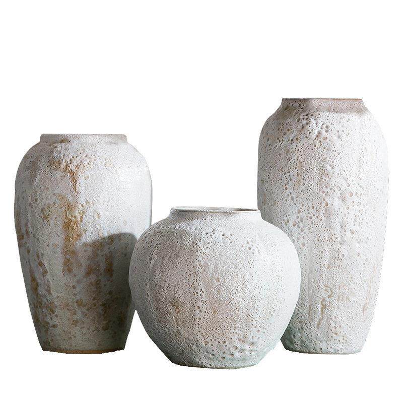 现简约干花陶瓷插花花中式摆件复古小清新手工白色粗陶瓷器