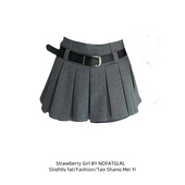 大码 防走光设计感a字百褶短裙子ins 新款 胖MM灰色高腰裤 裙女秋冬季