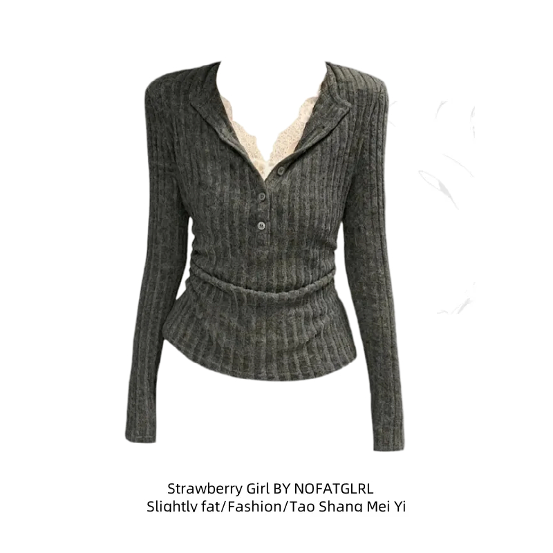 胖妹妹加绒加厚蕾丝假两件上衣