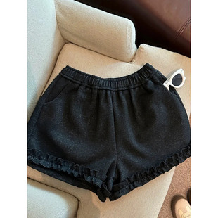 时尚 女显瘦休闲a字靴裤 设计感冬季 木耳花边灰色毛呢短裤 新款 大码