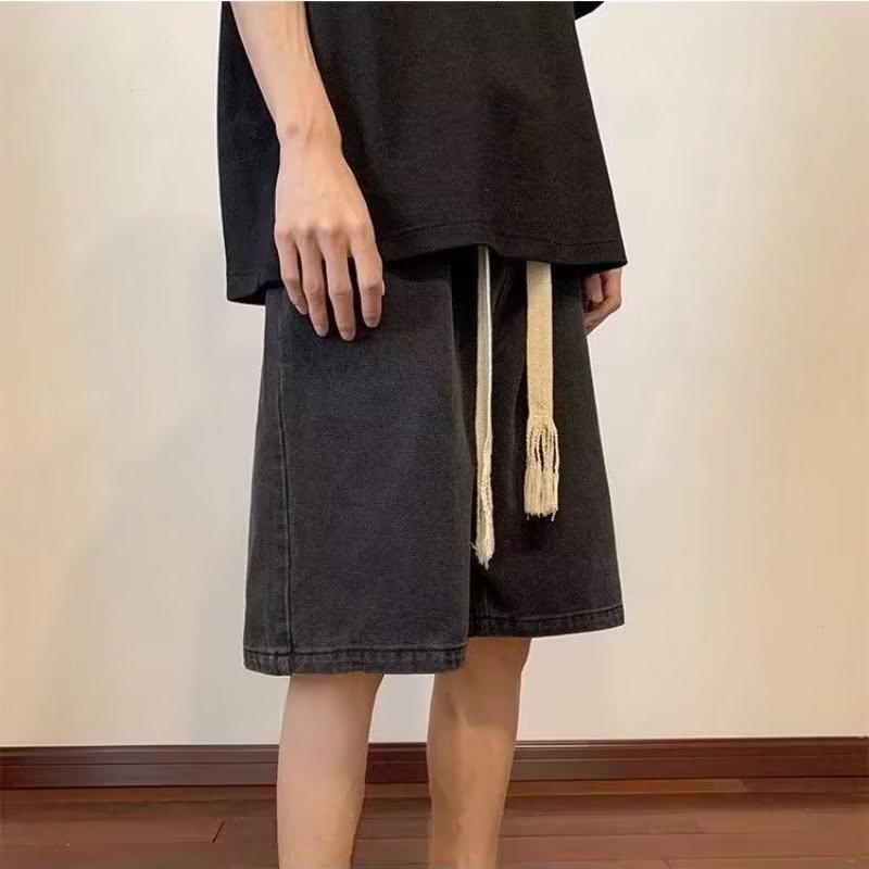 复古牛仔短裤男士纯色夏季宽松休闲青少年系绳学生百搭五分七分_草莓屋 女孩_男装-第5张图片-提都小院