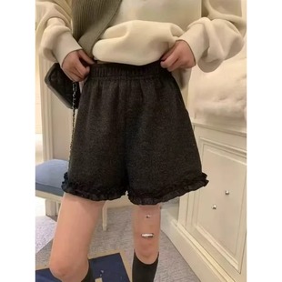设计感韩版 木耳边松紧高腰显瘦短裤 灰色毛呢休闲裤 新品 女冬季 大码