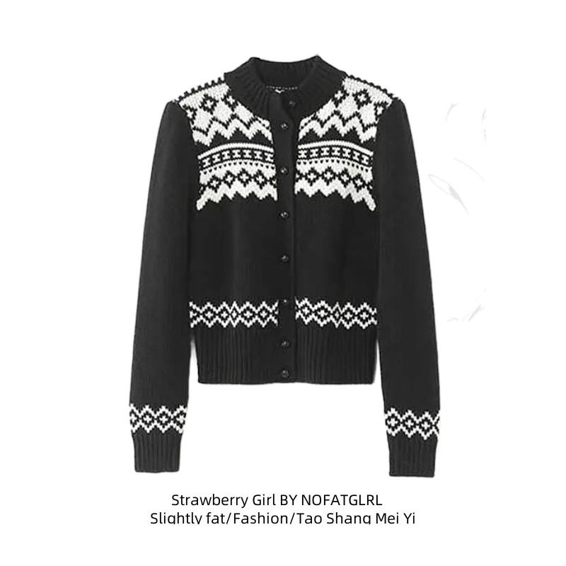 胖mm费尔岛提花黑色针织开衫