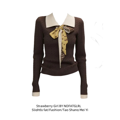 胖MM轻熟优雅风翻领丝巾针织衫