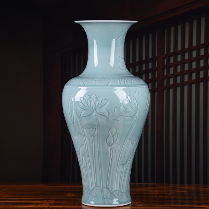 高端仿古瓷器手工雕刻荷花花瓶落地摆件家居客厅工艺品装饰收藏