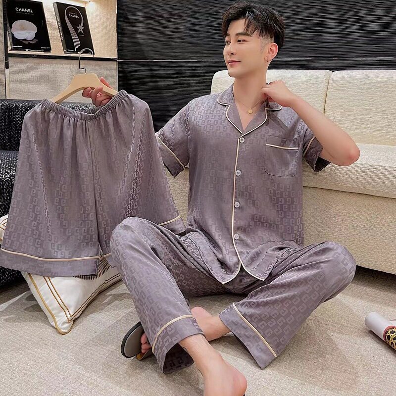 男士冰丝仿真丝绸三件套夏季薄款高档家居服男款睡衣套装