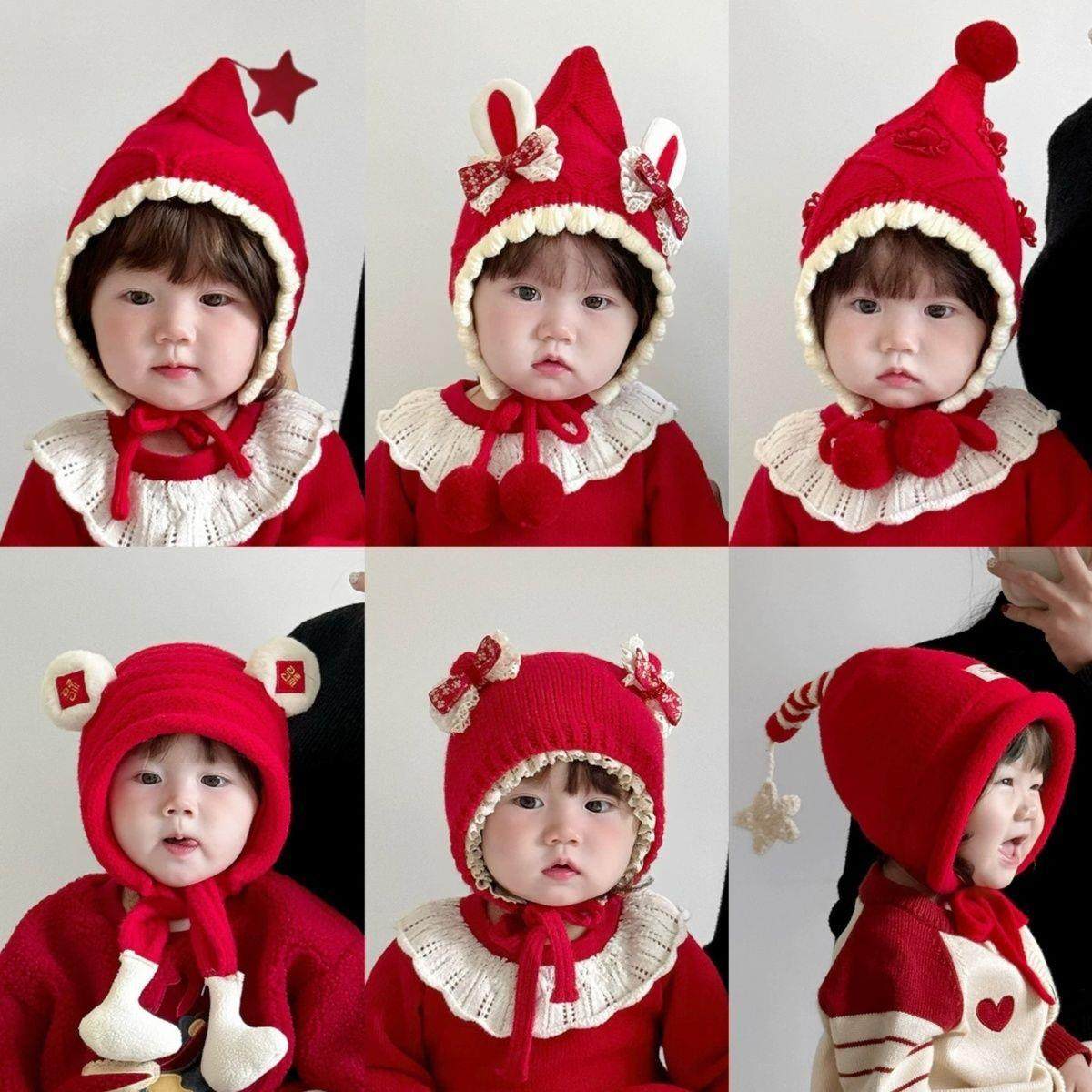 婴儿帽子冬天毛线帽女童冬季红色可爱公主针织帽保暖护耳宝宝新年