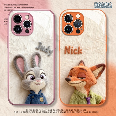 卡通一对适用苹果15手机壳iphone13promax小米14华为pura70毛绒尼克mate60pro朱迪17红米k70情侣k80至尊16