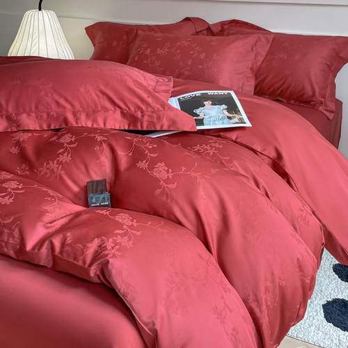 新款60s全棉婚庆床上四件套纯棉结婚床品大红色新婚喜被床单被套