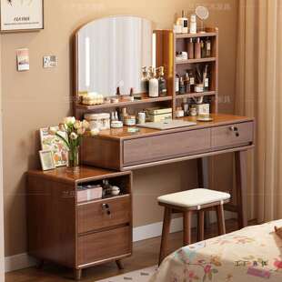 实木梳妆台斗柜一体2025新款卧室伸缩化妆桌简约小户型化妆台带锁