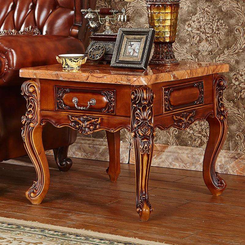 欧式大理石茶几实木雕花美式复古茶台正方形茶几角几边几客厅茶几