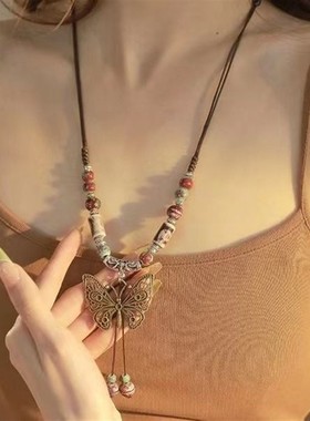 波西米亚覆古蝴蝶长版项炼女新中式民族风古著中古古风毛衣炼 炼