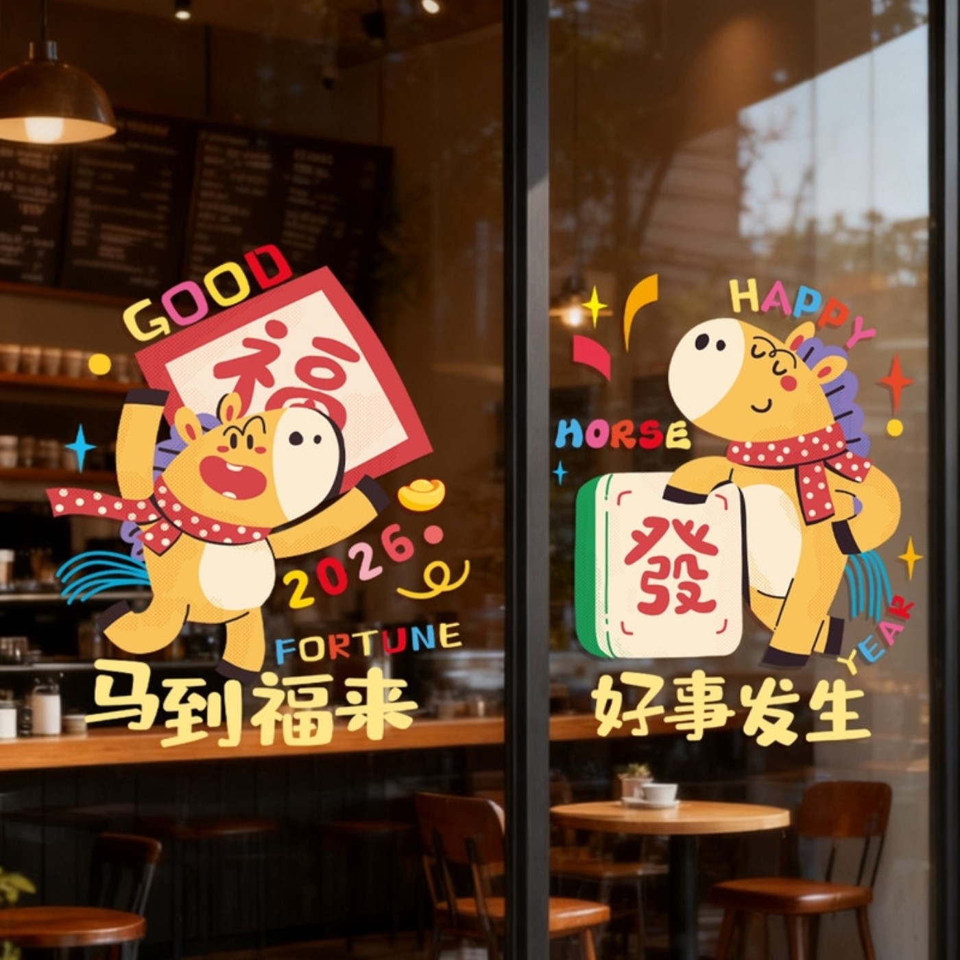 窗花静电贴马年2026新年贴纸元旦春节玻璃门窗贴纸画过年场景布置
