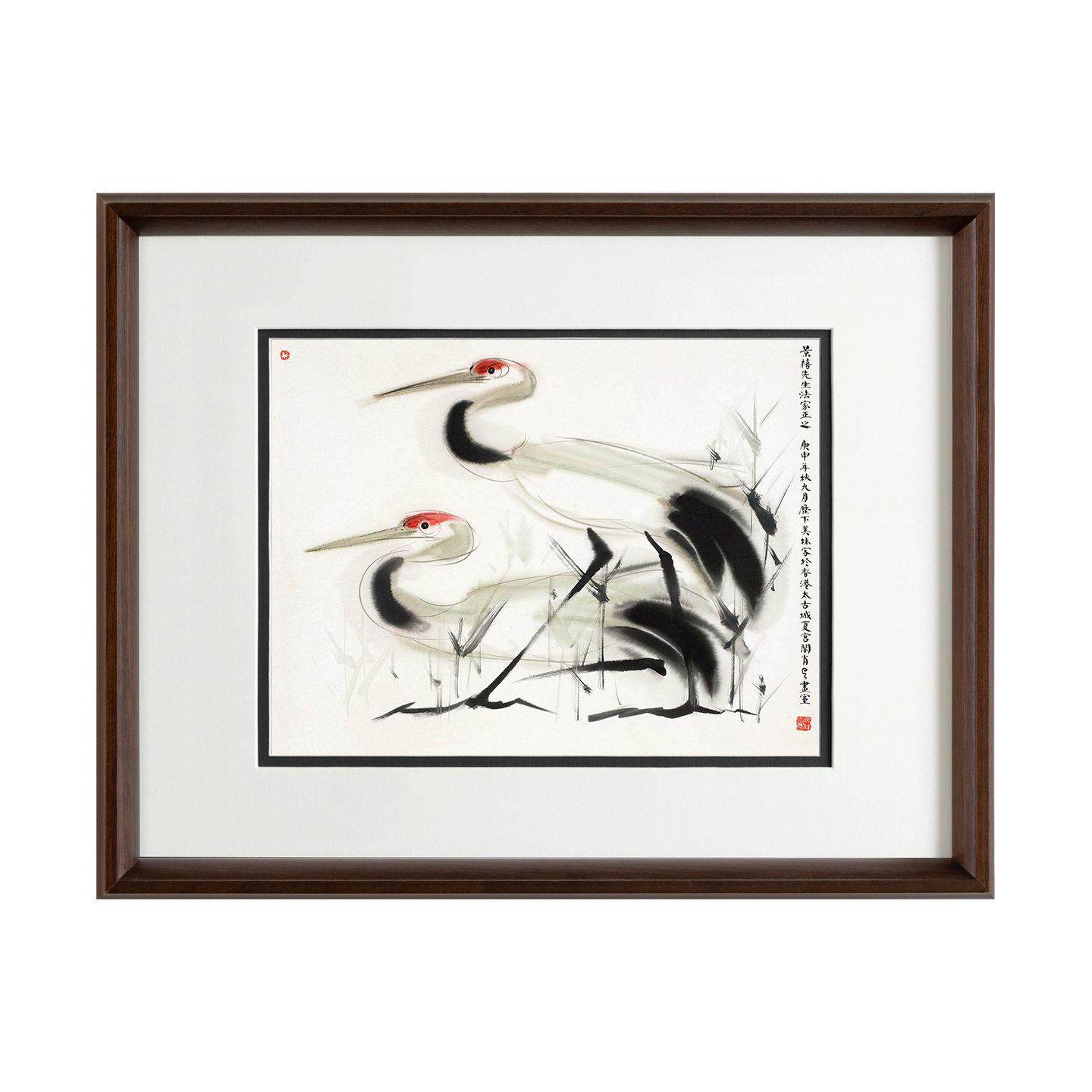 新中式级感马到成功仙鹤壁画小老虎玄关摆件装饰画实木框禅意画