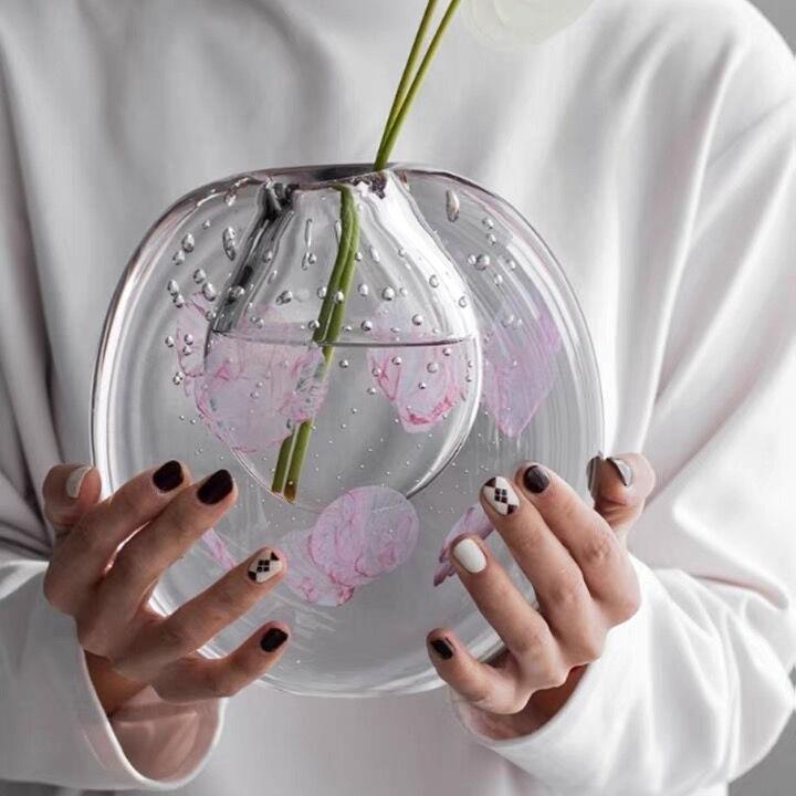 樱粉琉璃花瓶轻奢客厅插花大玻璃花器水晶球玄关摆件高级感ins风
