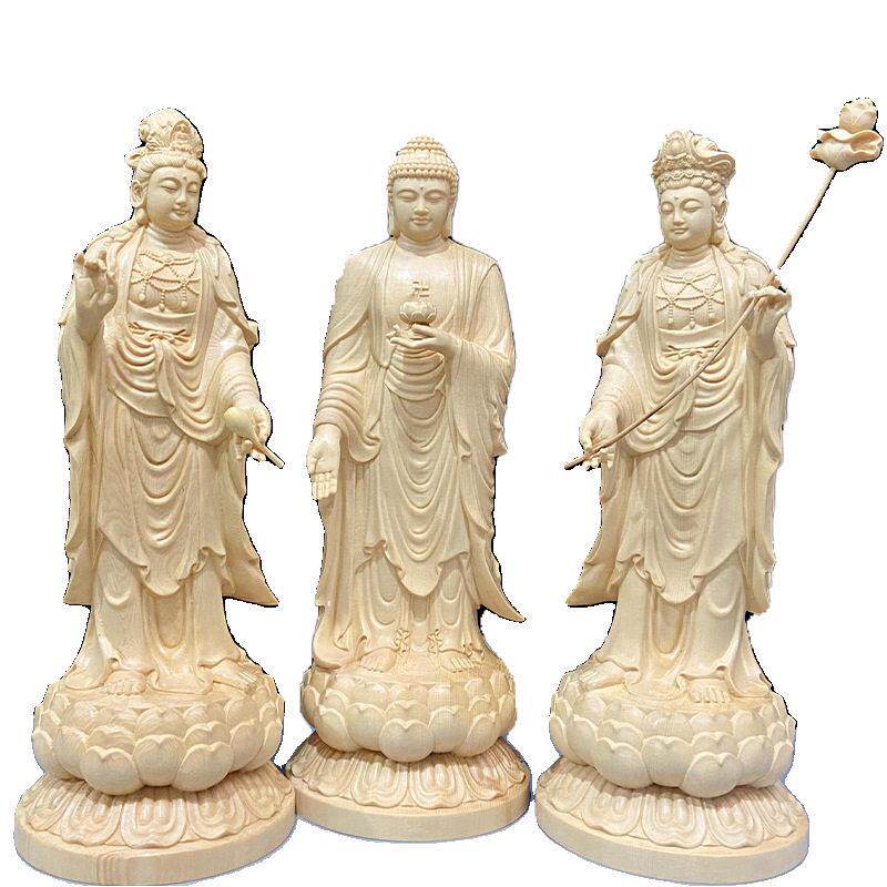 精雕桧木雕刻客厅佛像摆件西方三圣观世音大势至菩萨阿弥陀佛神像