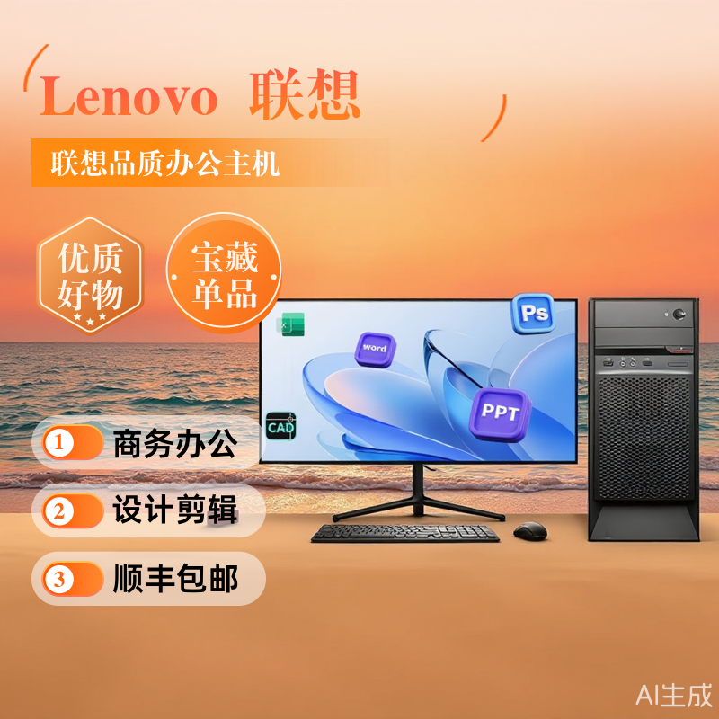 联想i3i5i7商务办公电脑台式主机固态240内存16GHDMI独显示器全套