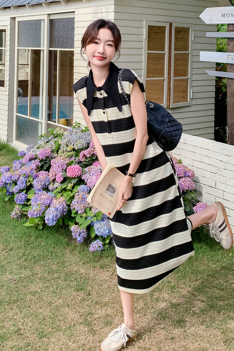 法式气质条纹Polo领连衣裙女2025夏季新款韩版宽松显瘦减龄T恤裙,女装连衣裙,浙宝210（原浙宝191）