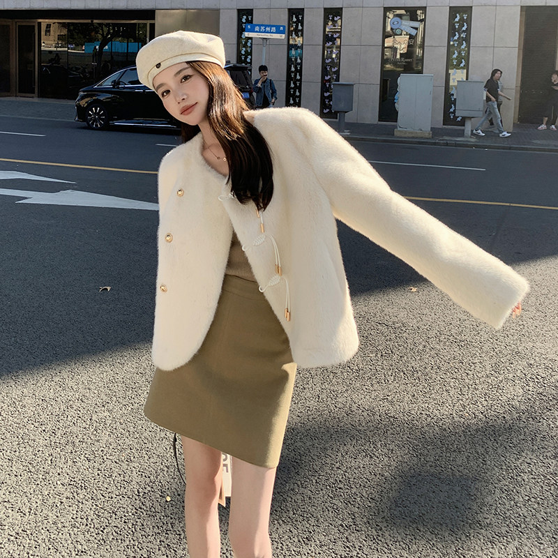 粉色仿水貂毛环保皮草外套女秋冬新款新中式盘扣加厚皮毛一体棉衣,女装短外套,浙宝210（原浙宝191）