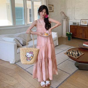 晕染渐变粉色无袖挂脖连衣裙女夏海边度假风法式仙女裙清冷感网红图片