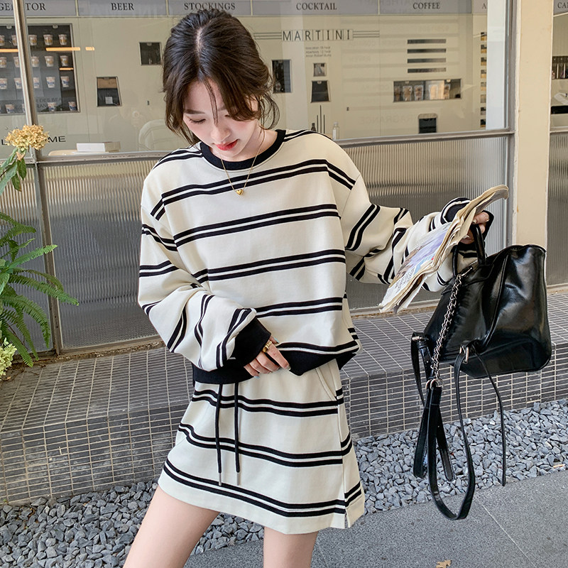 韩版条纹拼接卫衣套装女2025春秋季新款高腰短裙休闲运动风两件套,女装运动套装,浙宝210（原浙宝191）