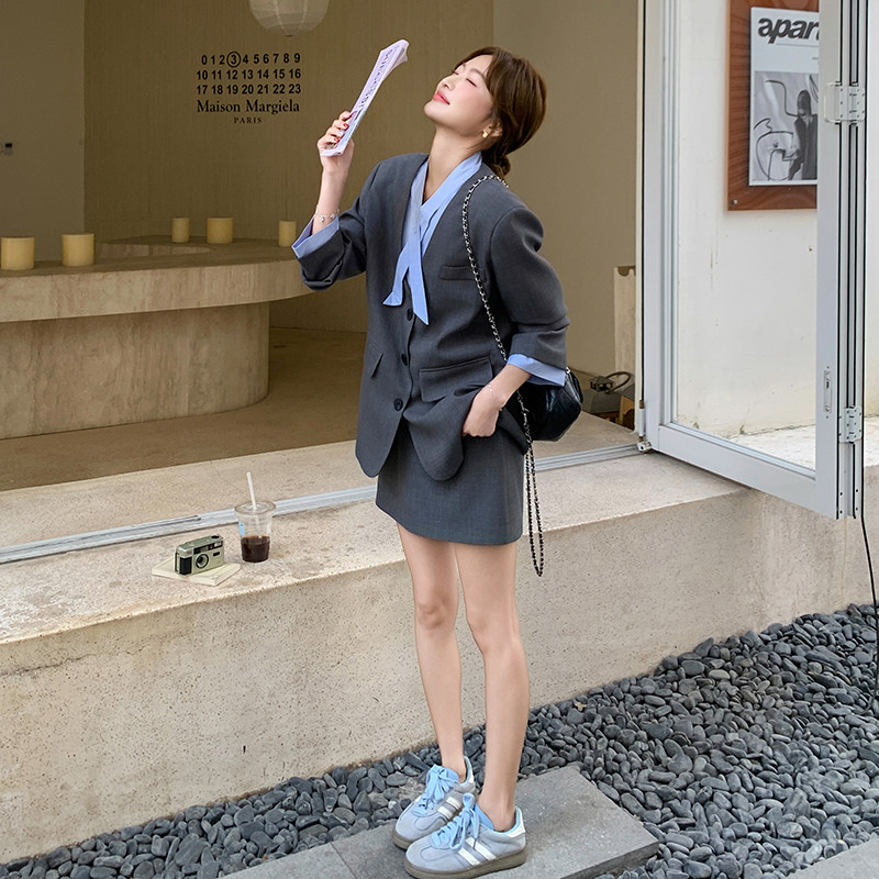 灰色西装套装女裙春秋2025新款高级感气质两件套ootd一整套穿搭,女装运动套装,浙宝210（原浙宝191）