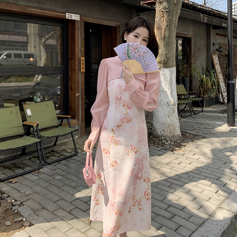 粉色新中式国风女春季新款法式温柔风氛围感收腰连衣裙,女装汉服/婚纱/旗袍/礼服,浙宝210（原浙宝191）