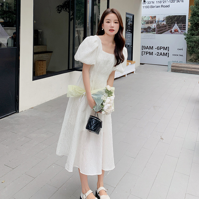 法式气质绝美白色连衣裙女夏2025新款高级感茶歇裙方领泡泡袖长裙,女装连衣裙,浙宝210（原浙宝191）