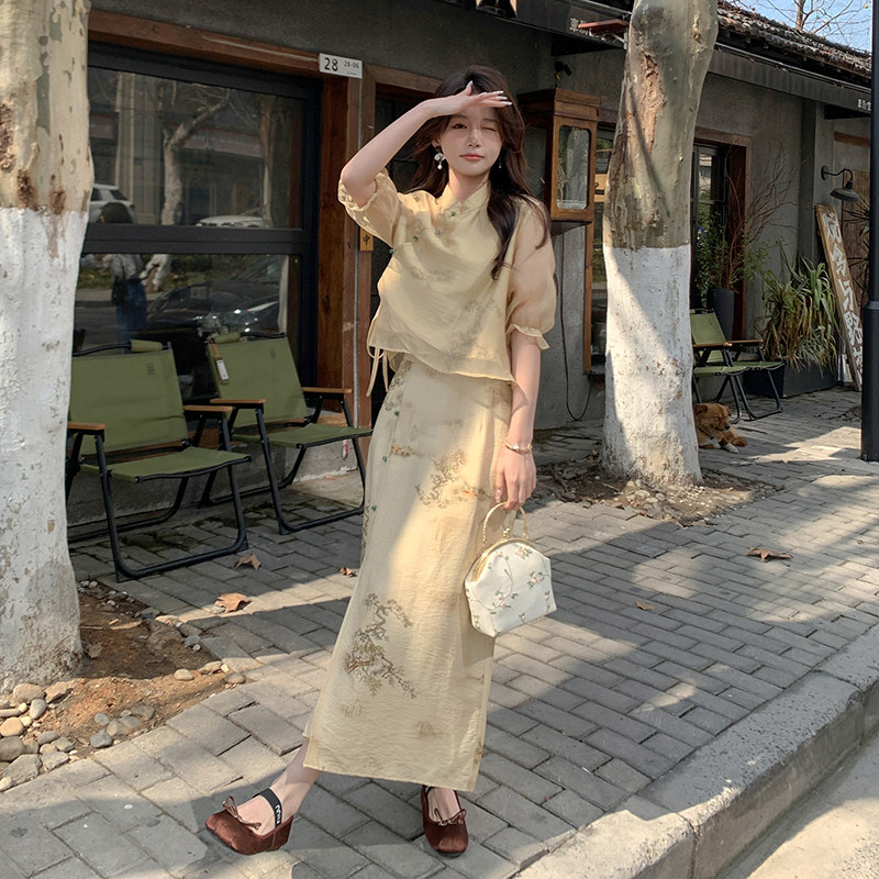 新中式国风穿搭黄色连衣裙女夏超火好看独特漂亮改良旗袍长裙,女装运动套装,浙宝210（原浙宝191）
