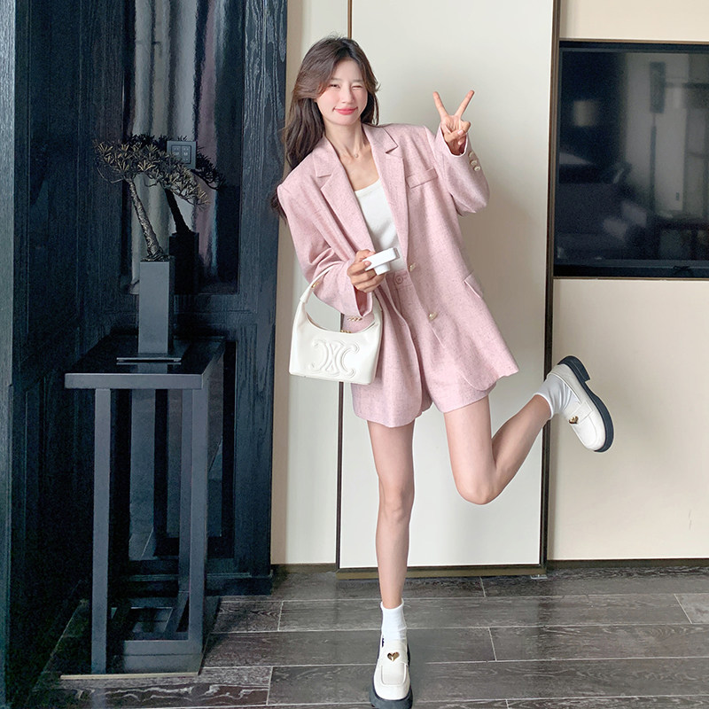 2025春季新款粉色高级感时尚麻料小西装外套女西服短裤子,女装运动套装,浙宝210（原浙宝191）