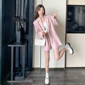 2025春季新款粉色高级感时尚麻料小西装外套女西服短裤子图片