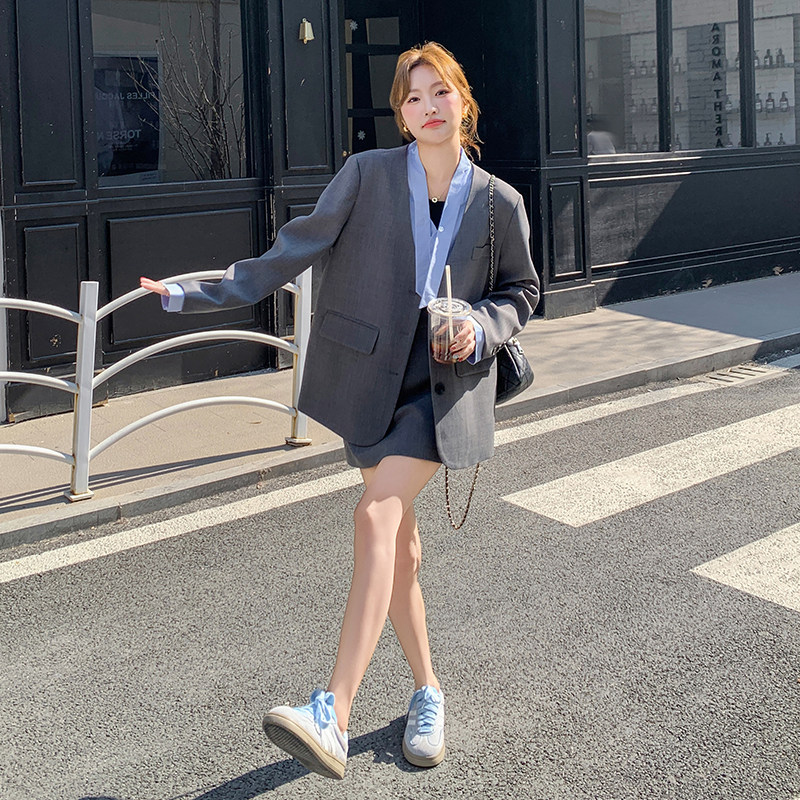 2025超火春装套装女小个子时尚韩系假两件西装外套半身短裙两件套,女装西装,浙宝210（原浙宝191）